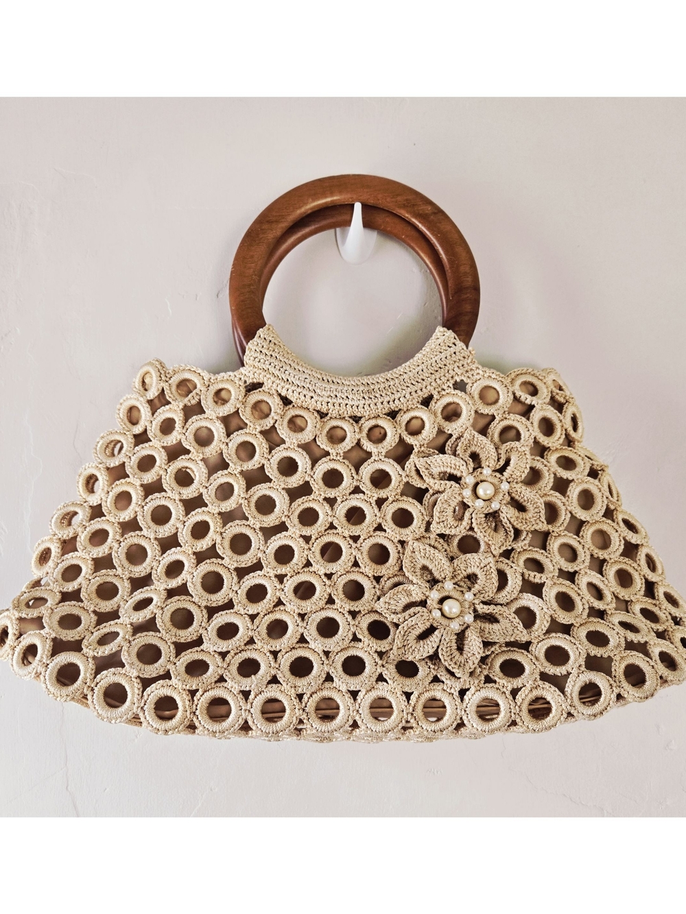 Beige Crochet Purse with Wooden Handles